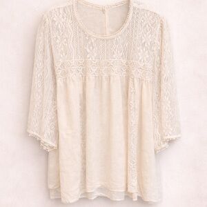 New Directions Size XL Cream Lace Crochet Yoke Peasant Blouse